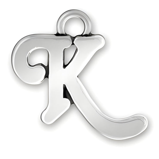 Charm Factory Script Letter K Charm, crafted from polished silver, featuring a stylish cursive design.