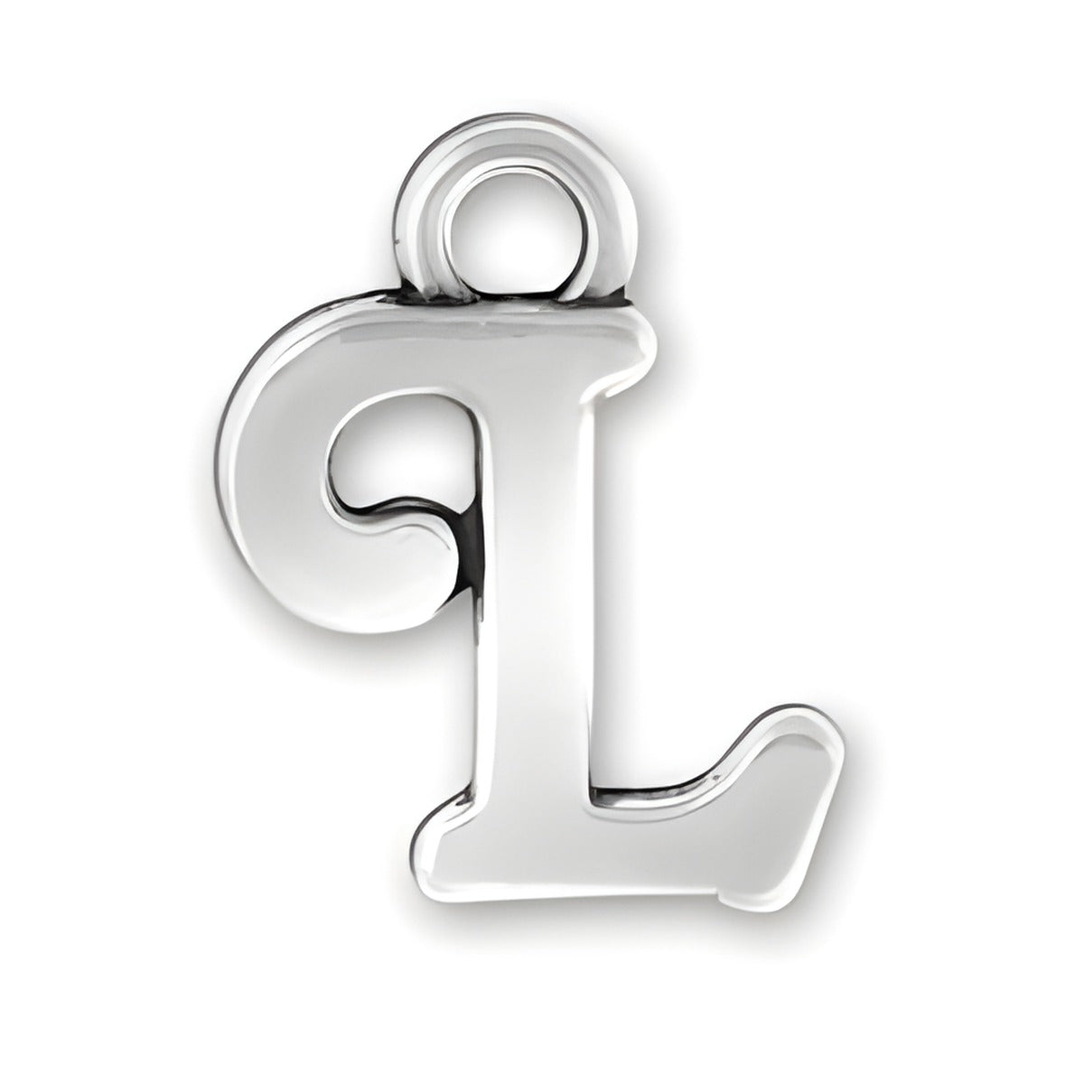 Charm Factory Script Letter L Charm, crafted from polished silver, featuring a stylish cursive design.