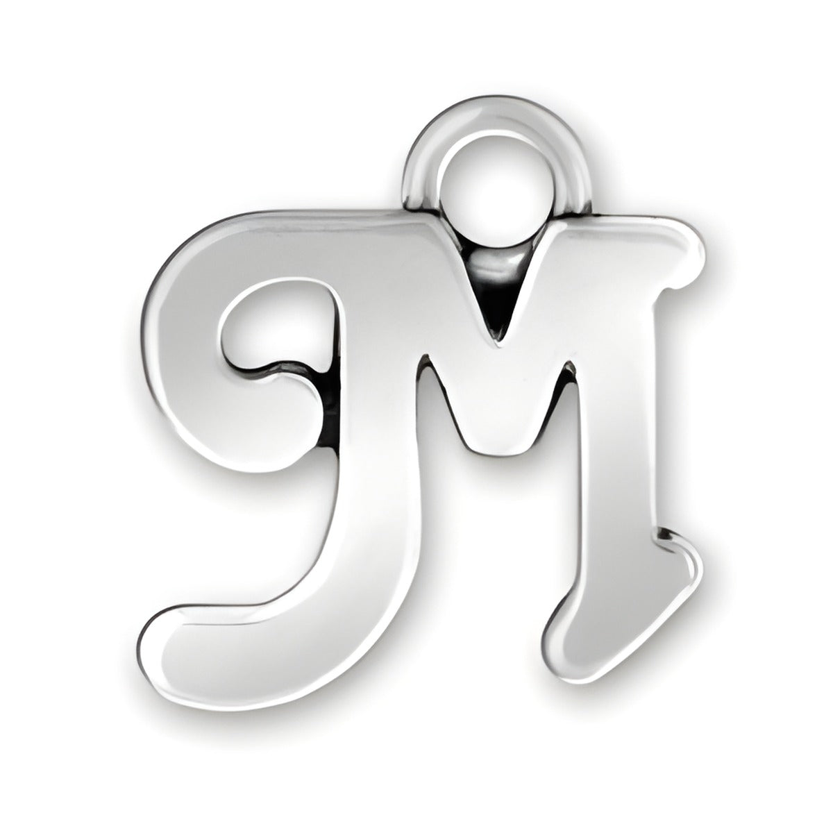 Charm Factory Script Letter M Charm, crafted from polished silver, featuring a stylish, cursive design.
