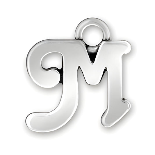 Charm Factory Script Letter M Charm, crafted from polished silver, featuring a stylish, cursive design.