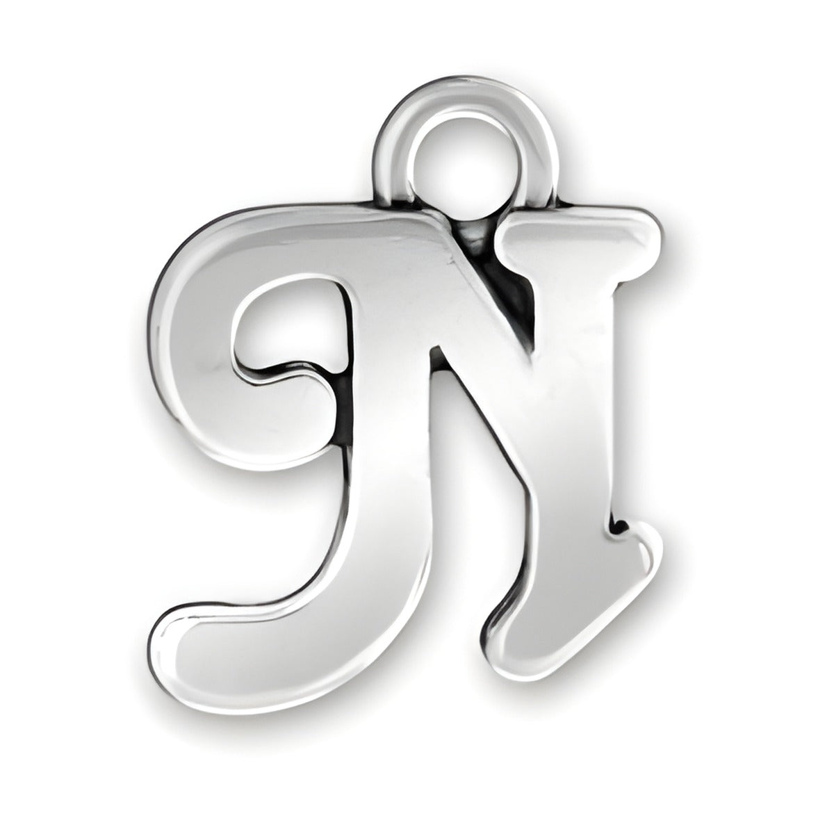 Script Letter N Charm by Charm Factory, made of polished silver, featuring a stylish cursive design.