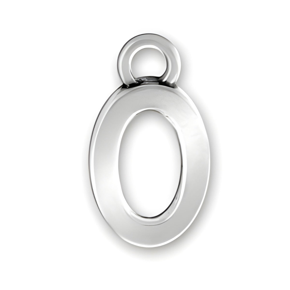 Charm Factory Script Letter O Charm, crafted from polished silver, featuring a sleek and modern design.