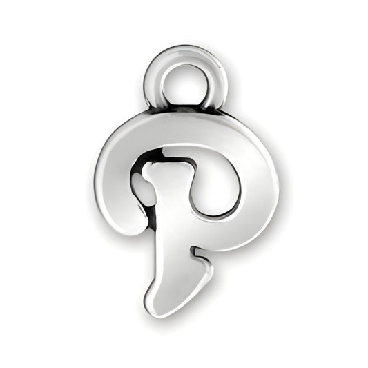 Charm Factory Script Letter P Charm made of polished silver, featuring a stylish, cursive design of the letter P.