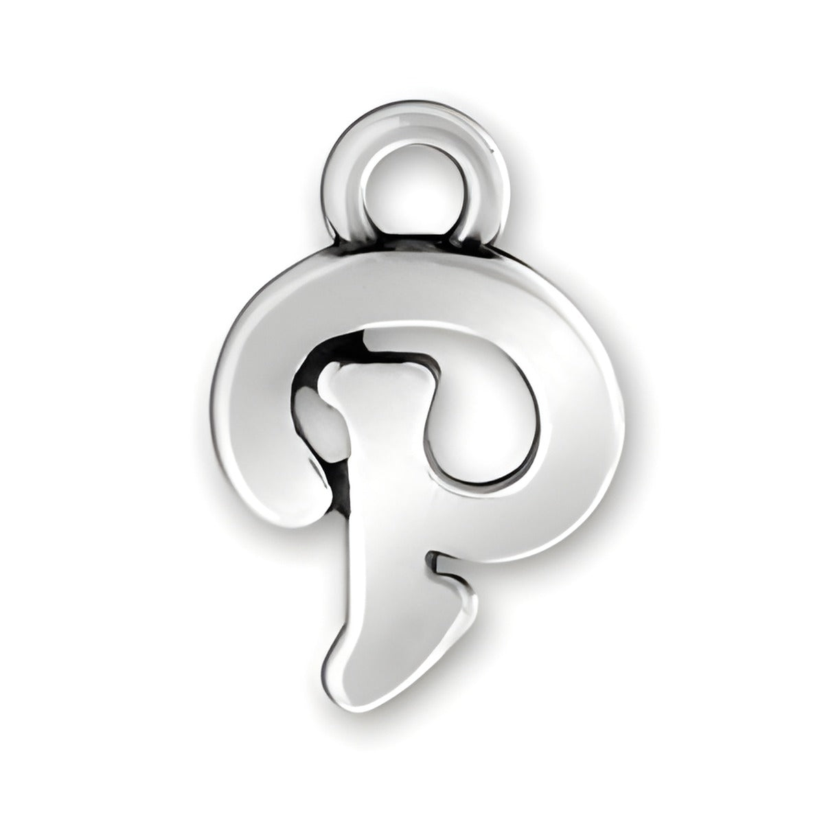Charm Factory Script Letter P Charm made of polished silver, featuring a stylish, cursive design of the letter P.