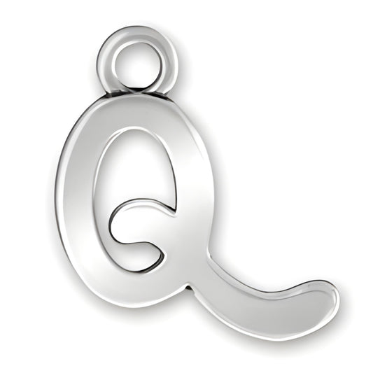 Charm Factory Script Letter Q Charm, made of polished silver, featuring a stylish cursive design.