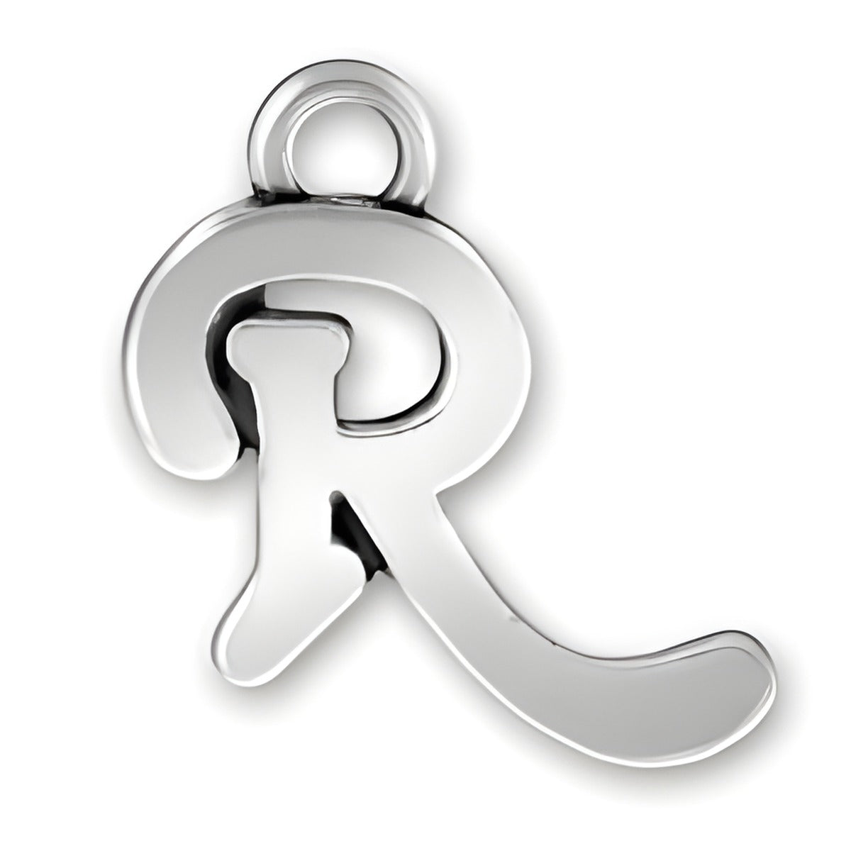 Charm Factory Script Letter R Charm, crafted from polished silver, featuring a stylish cursive design.