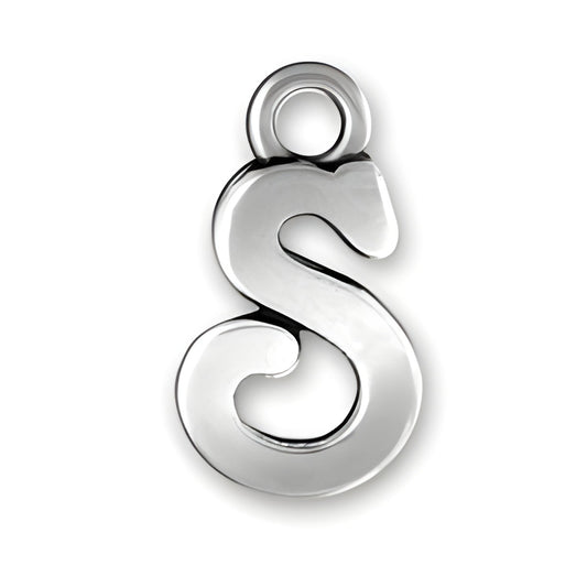 Charm Factory Script Letter S Charm made of polished silver metal, featuring a stylish cursive design.