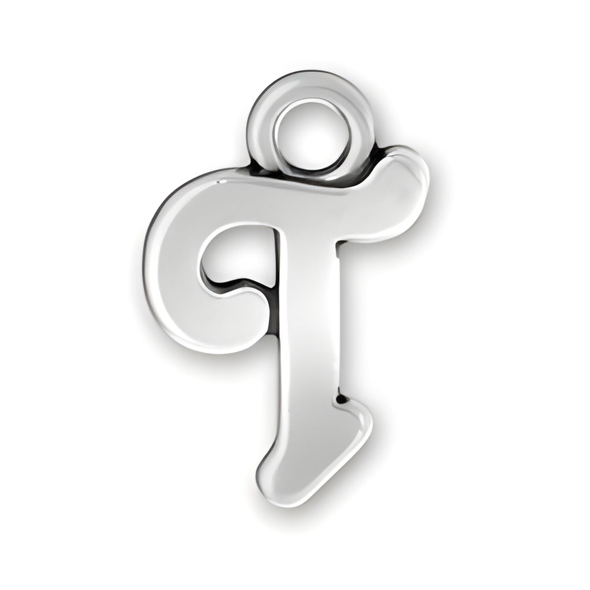 Charm Factory Script Letter T Charm, made of polished silver, featuring a stylish cursive design.