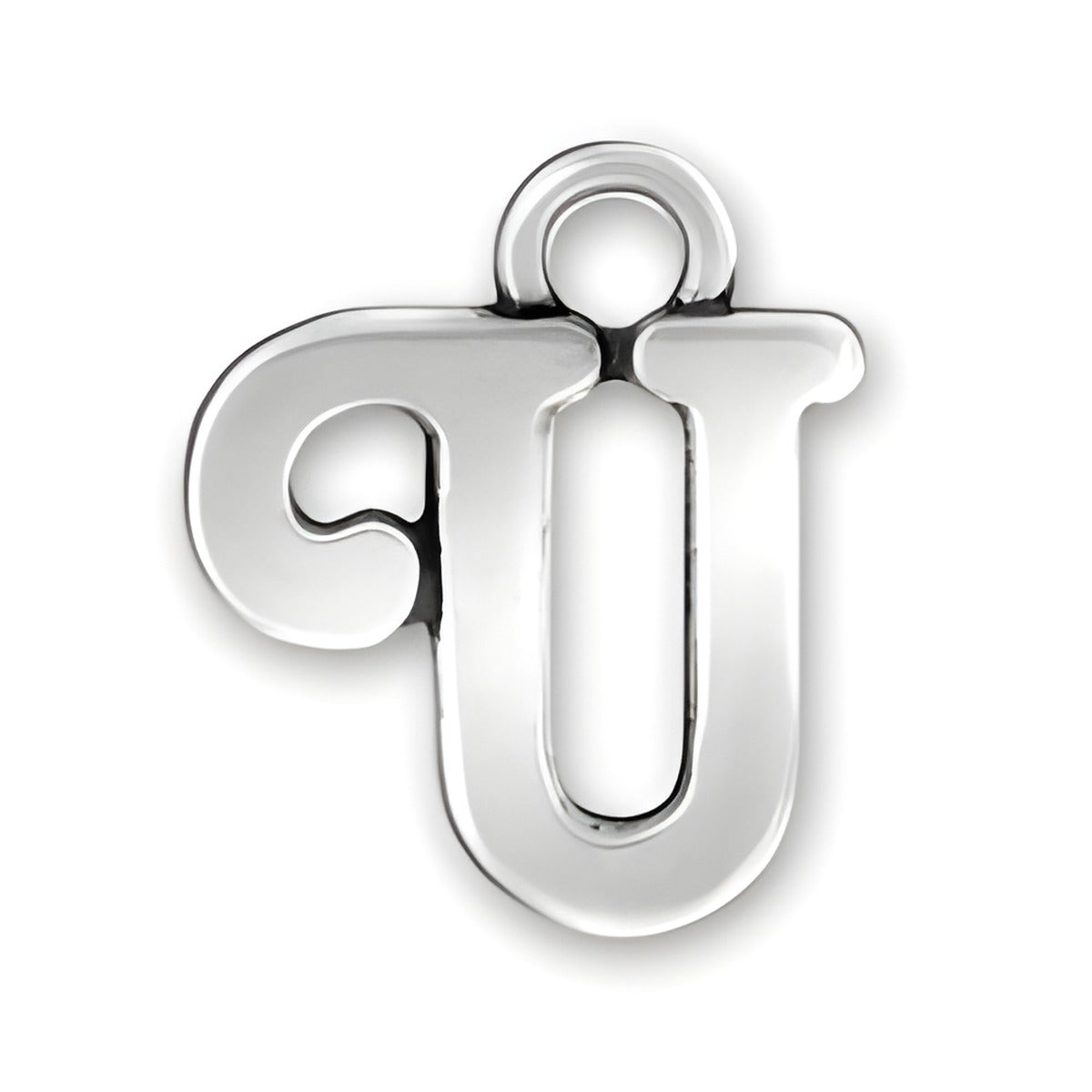 Charm Factory Script Letter U Charm made of polished silver, featuring a stylish cursive design.