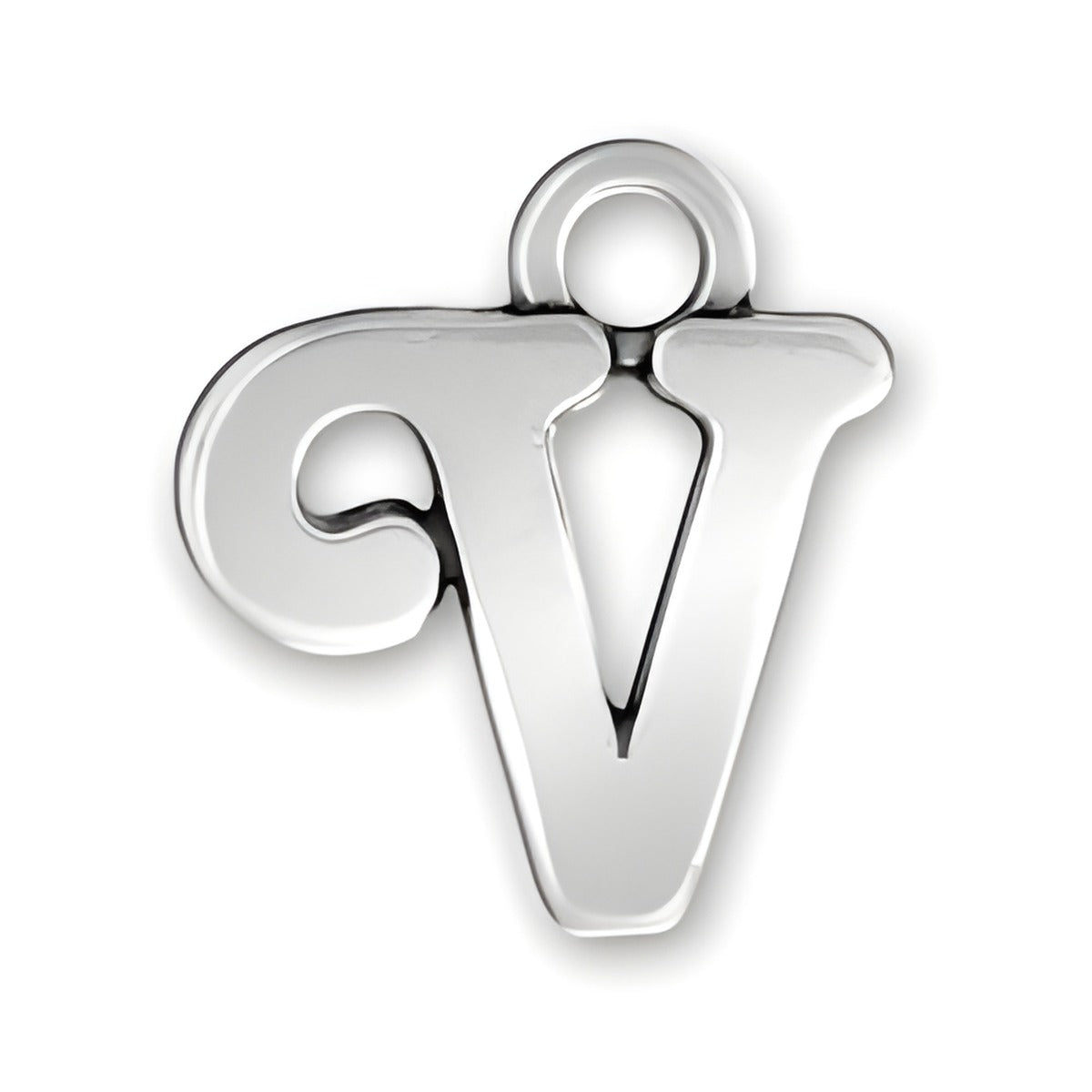 Charm Factory Script Letter V Charm made of polished silver, featuring a stylish cursive design.
