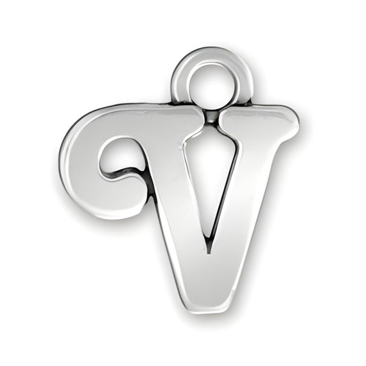 Charm Factory Script Letter V Charm made of polished silver, featuring a stylish cursive design.