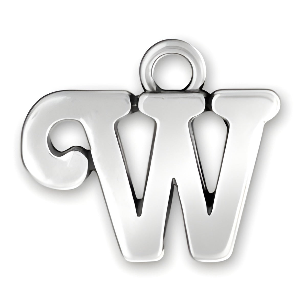 Charm Factory Script Letter W Charm made of polished silver, featuring a stylish cursive design.