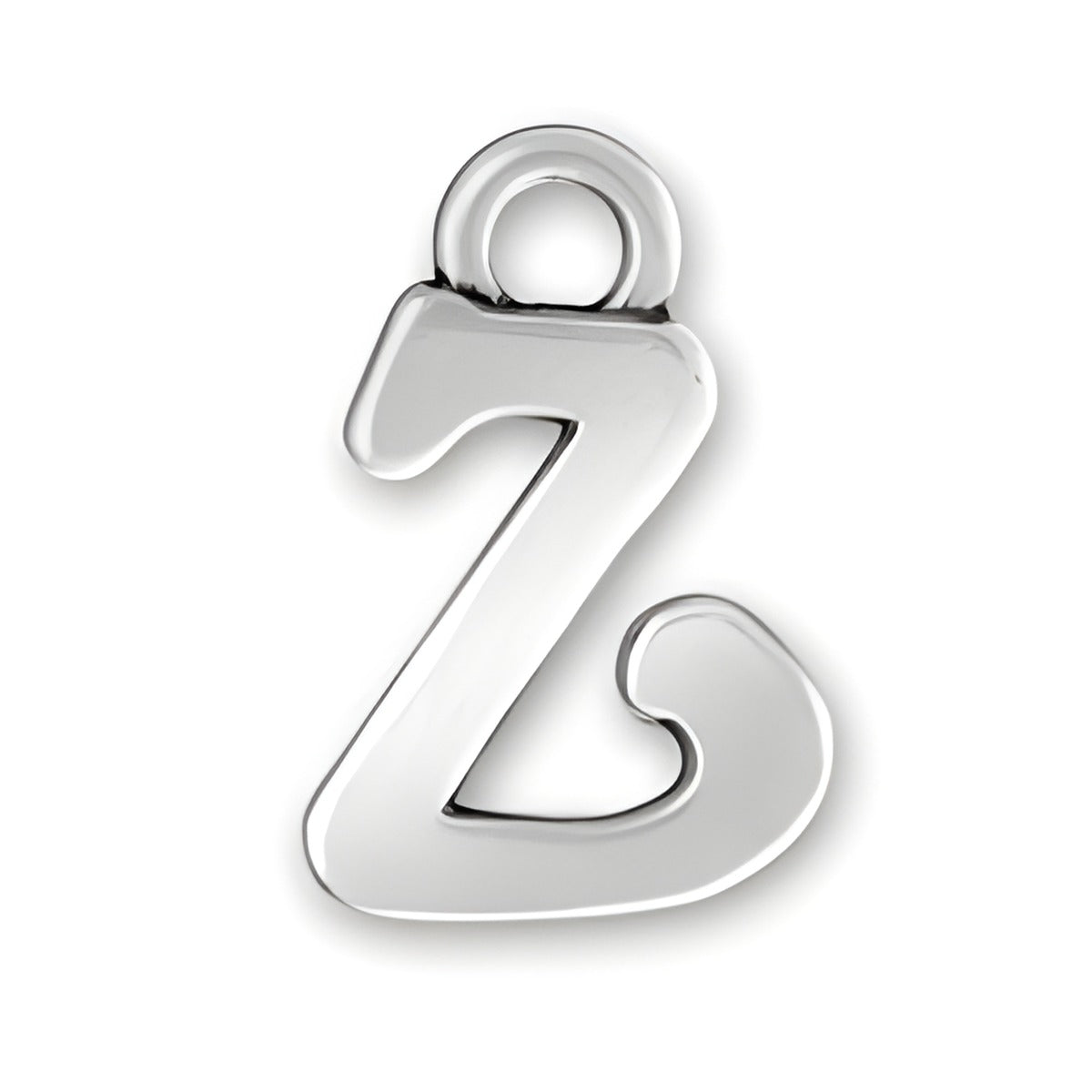 Charm Factory Script Letter Z Charm made of polished silver, featuring a stylish, curvy design.
