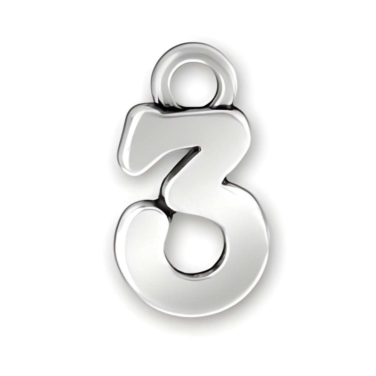 Charm Factory Script Number 3 Charm made of polished silver, featuring a stylized, curvy number three design.