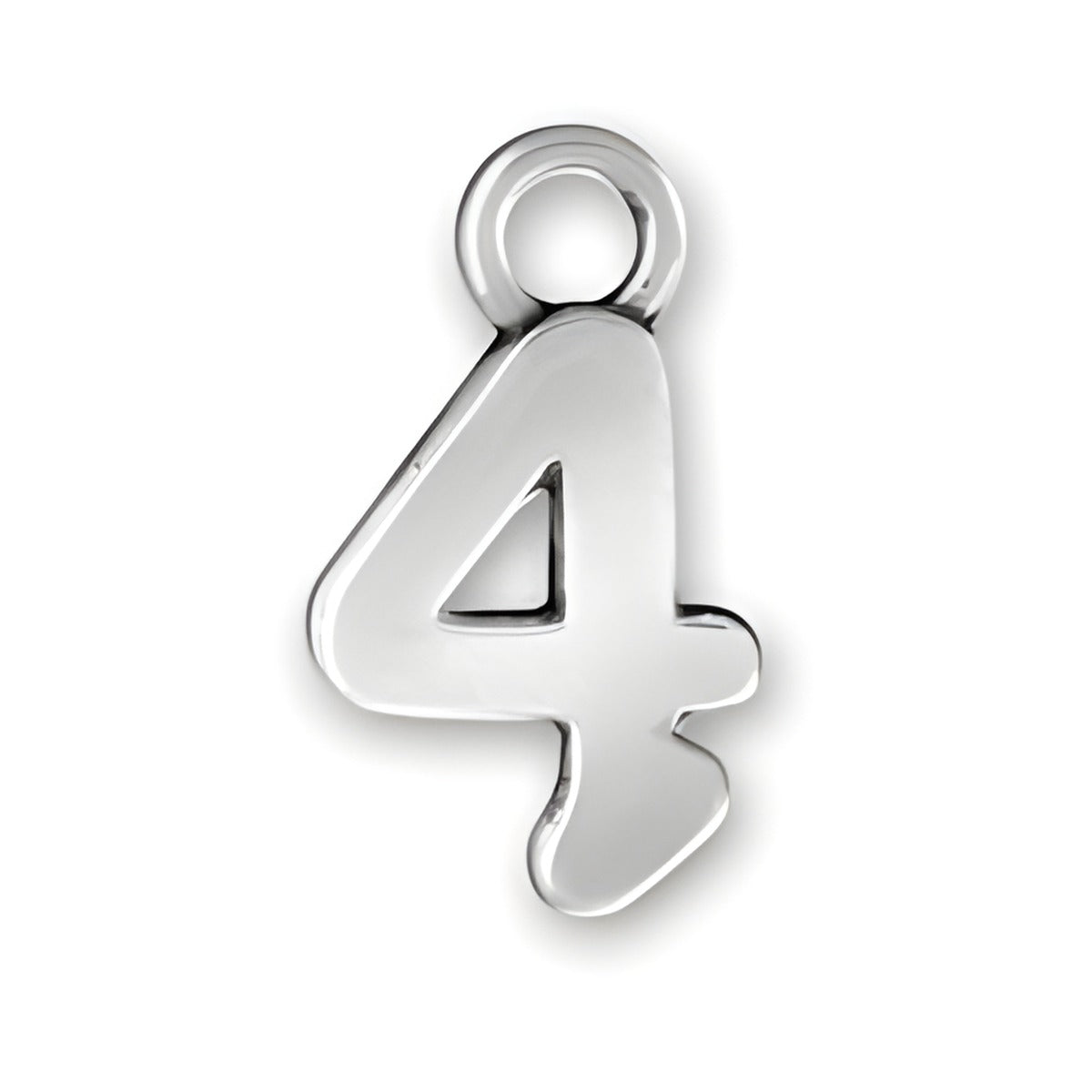 Charm Factory Script Number 4 Charm made of polished silver metal, featuring a stylized number 4 design.