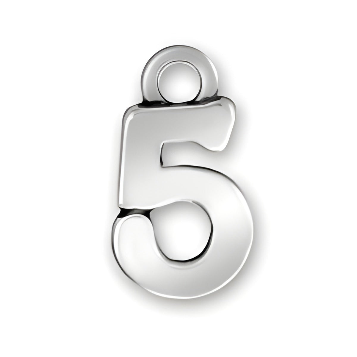 Charm Factory Script Number 5 Charm, crafted from polished silver, featuring a bold, stylized number 5 design.