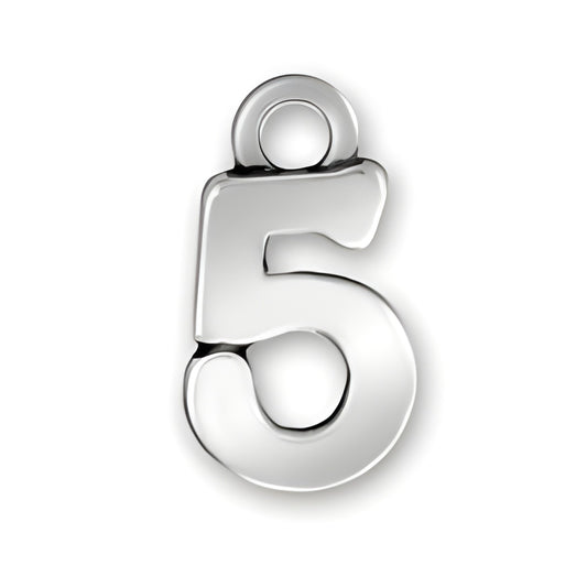 Charm Factory Script Number 5 Charm, crafted from polished silver, featuring a bold, stylized number 5 design.