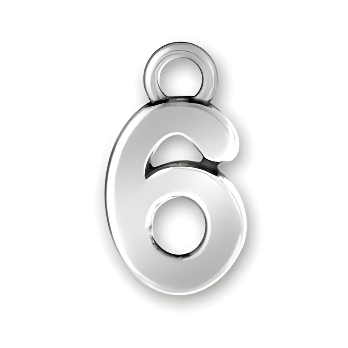 Charm Factory Script Number 6 Charm, crafted from polished silver, featuring a stylized number six design.