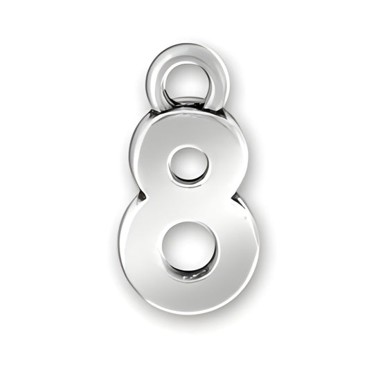 Charm Factory Script Number 8 Charm made of polished silver, featuring a bold and modern numeral design.