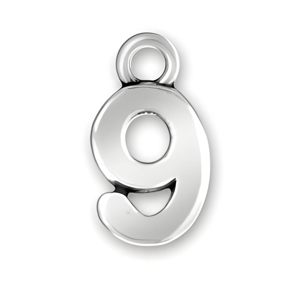 Script Number 9 Charm by Charm Factory, made of polished silver metal, featuring a stylized number 9 design.