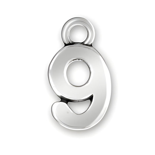Script Number 9 Charm by Charm Factory, made of polished silver metal, featuring a stylized number 9 design.