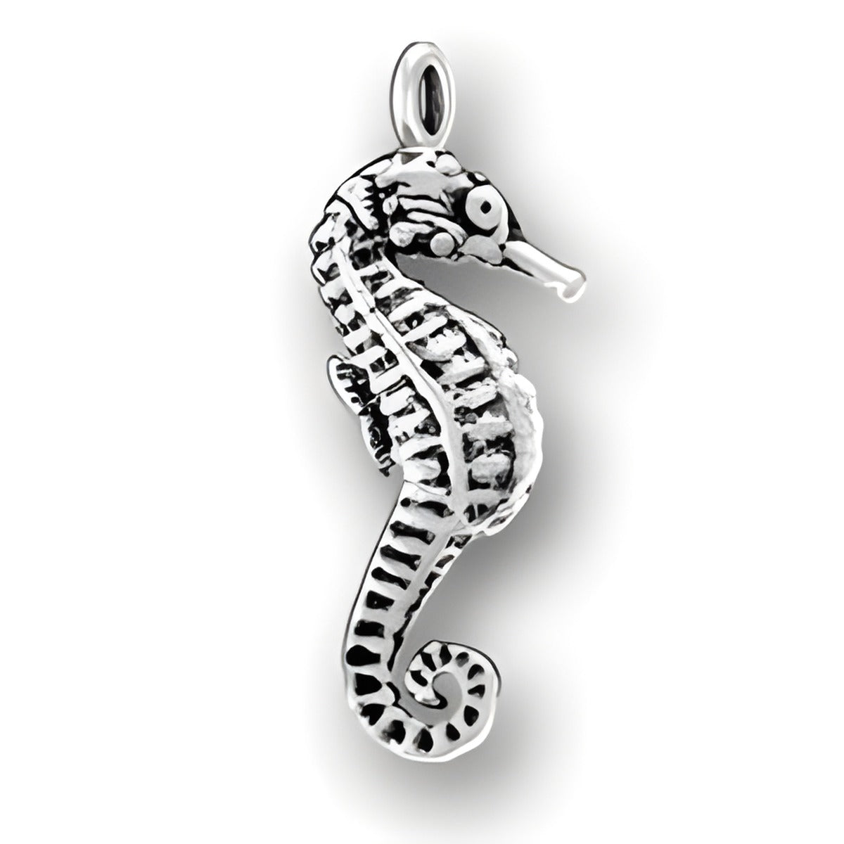 Charm Factory Seahorse Charm made of sterling silver, featuring intricate detailing and a curled tail design.