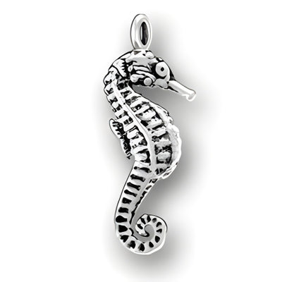 Charm Factory Seahorse Charm made of sterling silver, featuring intricate detailing and a curled tail design.