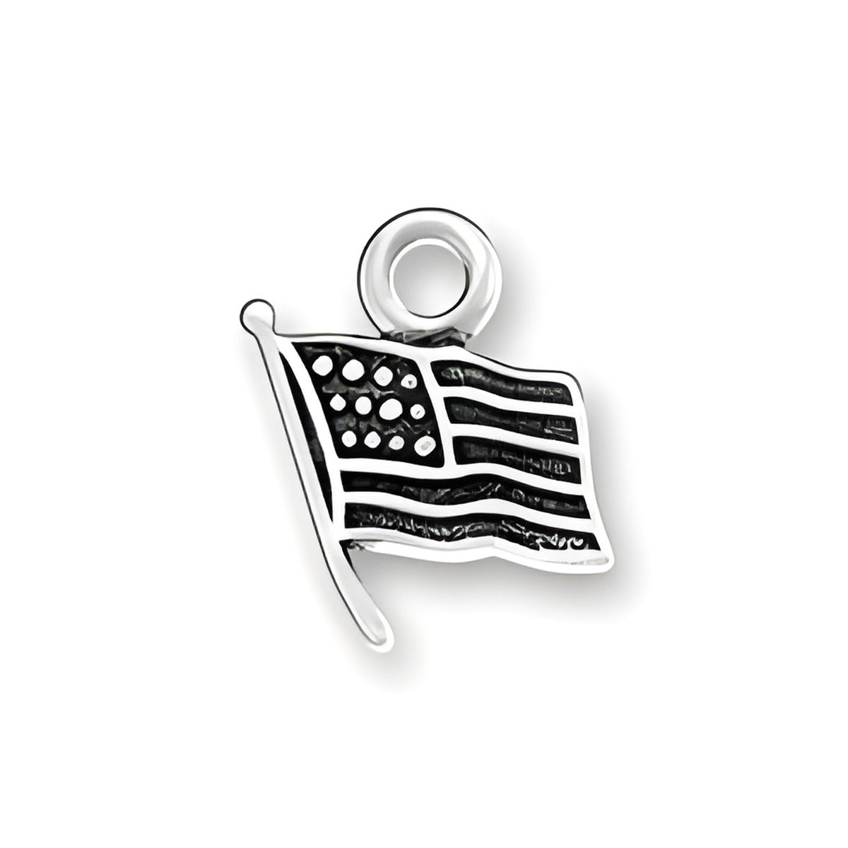 Sterling silver American flag charm featuring detailed stripes and stars, with a loop for attachment.