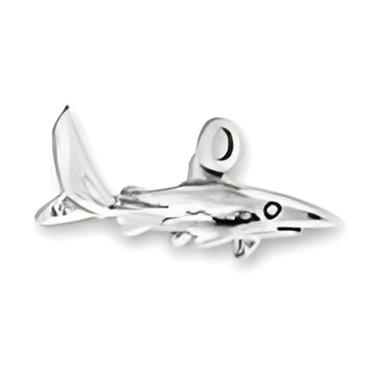 Charm Factory Shark Charm, crafted from sterling silver, featuring a detailed shark design with a loop for attachment.