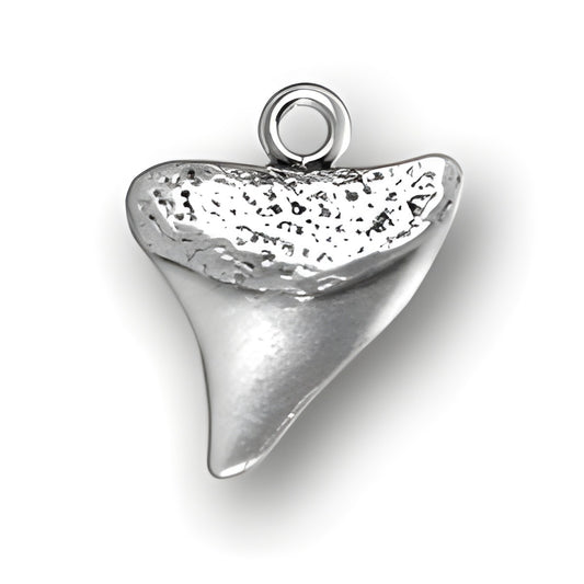 Charm Factory Shark Tooth Charm made of silver, featuring a detailed, polished shark tooth design with a loop for attachment.
