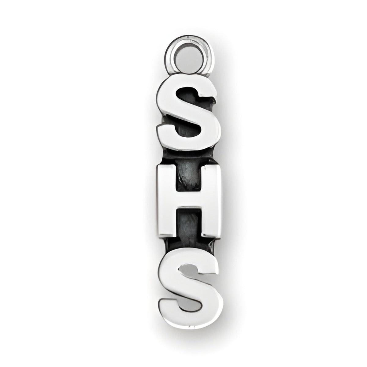 SHS charm made of sterling silver, featuring bold letters 'S', 'H', and 'S' in a vertical arrangement.