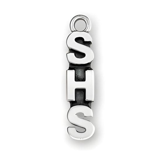 SHS charm made of sterling silver, featuring bold letters 'S', 'H', and 'S' in a vertical arrangement.