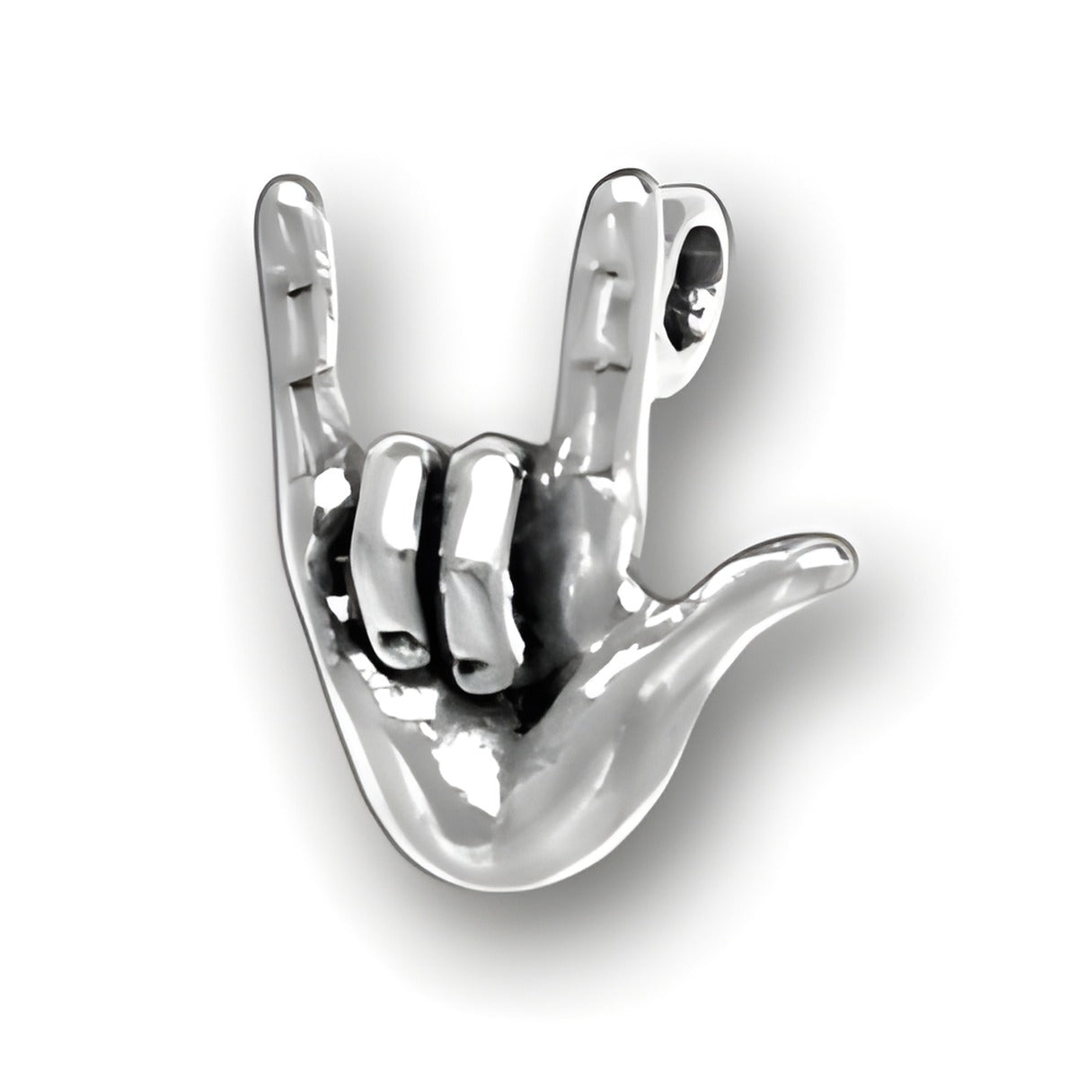 Charm Factory Sign Language I Love You Charm, crafted from polished silver, depicting a hand gesture for 'I love you'.