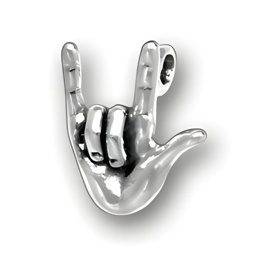 Charm Factory Sign Language I Love You Charm, crafted from polished silver, depicting a hand gesture for 'I love you'.