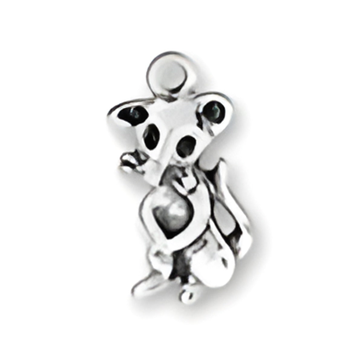 Charm Factory Sitting Mouse Charm made of silver, featuring a cute mouse sitting with a heart-shaped detail.