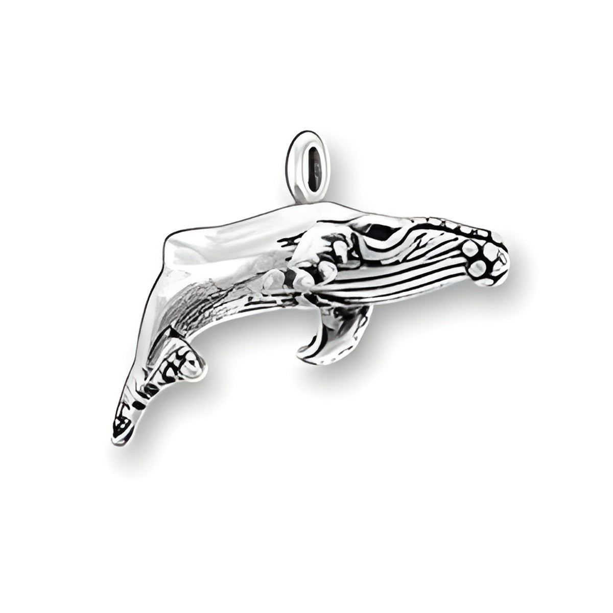 Small Humpback Whale Charm made of sterling silver, featuring intricate detailing and a loop for attachment.