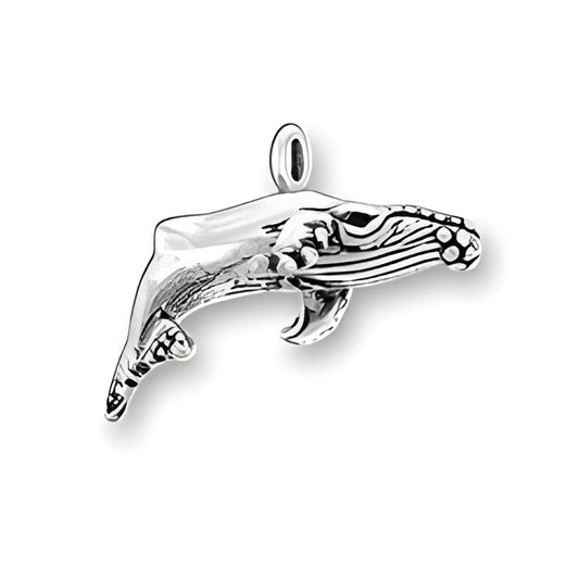 Small Humpback Whale Charm made of sterling silver, featuring intricate detailing and a loop for attachment.
