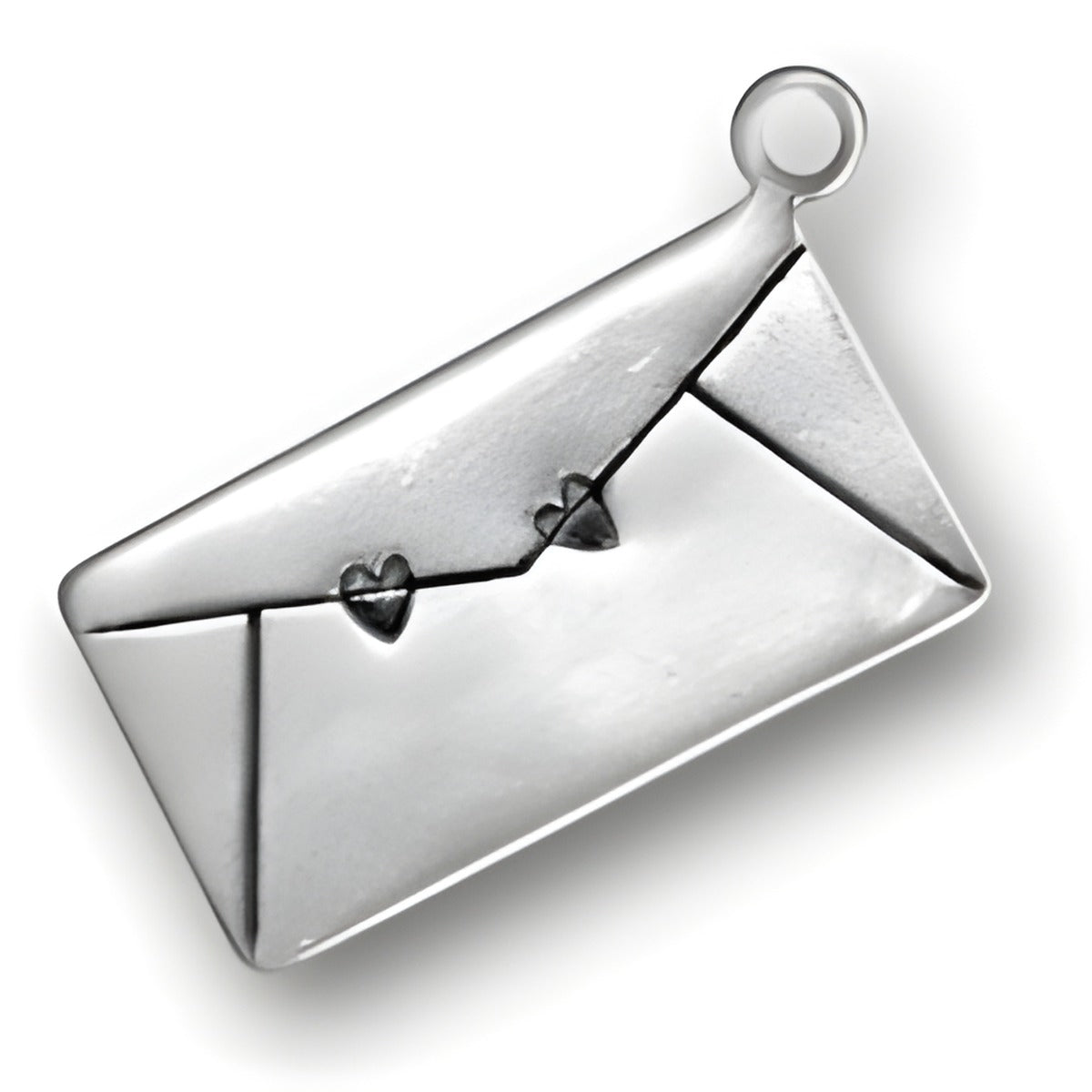 Charm Factory Small Love Letter Charm made of silver, designed as an envelope with two heart accents.