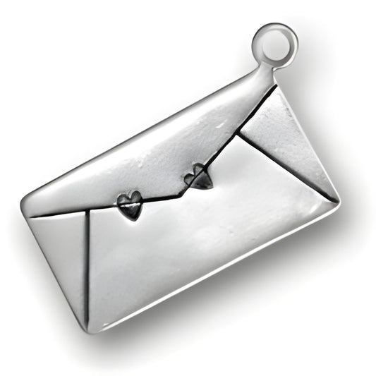 Charm Factory Small Love Letter Charm made of silver, designed as an envelope with two heart accents.