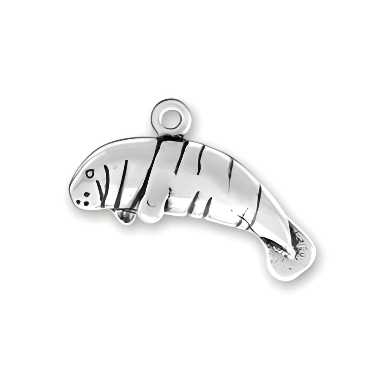 Small Manatee Charm by Charm Factory, crafted from sterling silver, featuring detailed engraving and a loop for attachment.