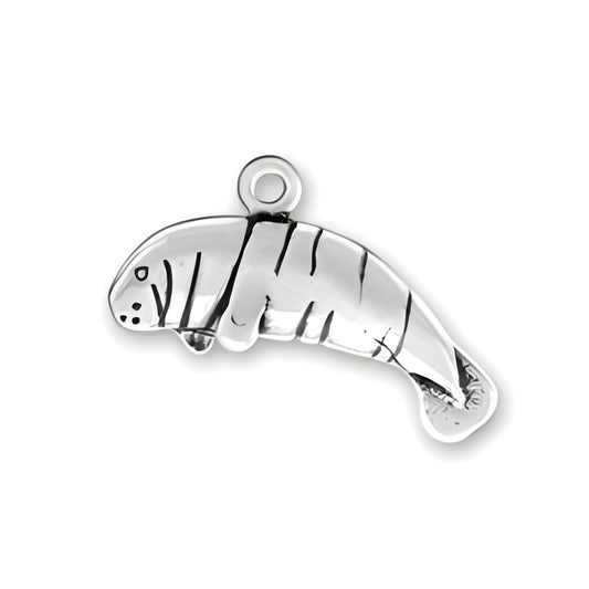 Small Manatee Charm by Charm Factory, crafted from sterling silver, featuring detailed engraving and a loop for attachment.