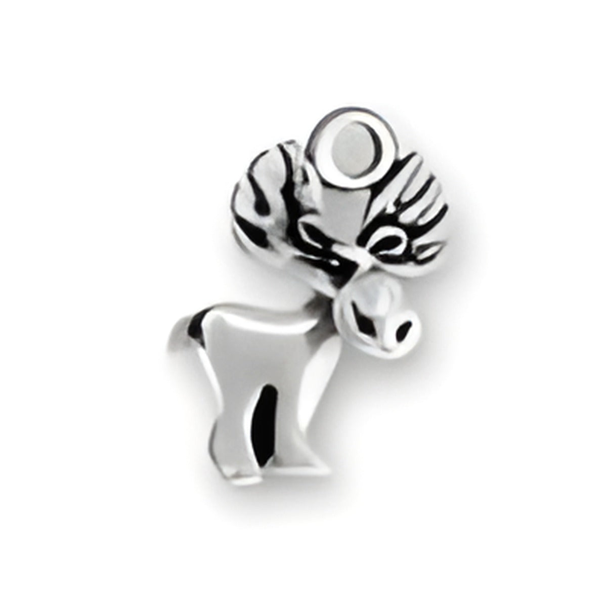 Small Moose Charm by Charm Factory, crafted from sterling silver, featuring detailed antlers and a playful design.