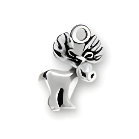 Small Moose Charm by Charm Factory, crafted from sterling silver, featuring detailed antlers and a playful design.