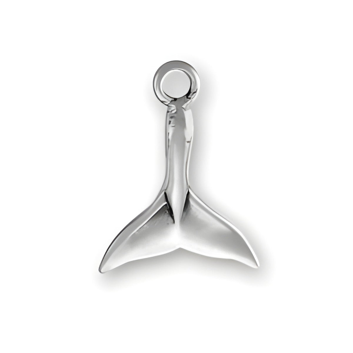 Small Whale Tail Charm by Charm Factory, made of polished silver, featuring a detailed tail design with a loop for attachment.