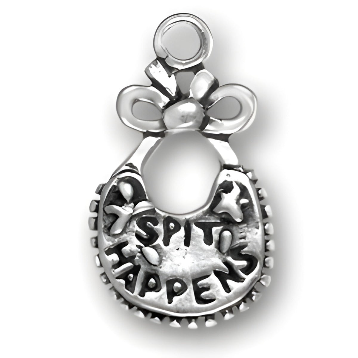 Charm Factory Spit Happens Baby Bib Charm, made of silver, featuring a bib design with the phrase 'SPIT HAPPENS'.