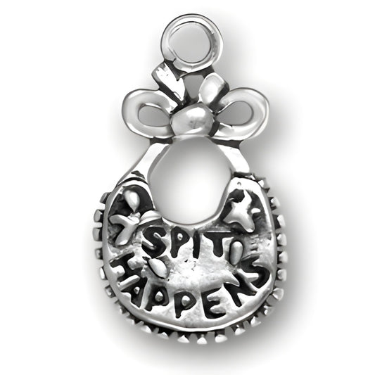 Charm Factory Spit Happens Baby Bib Charm, made of silver, featuring a bib design with the phrase 'SPIT HAPPENS'.