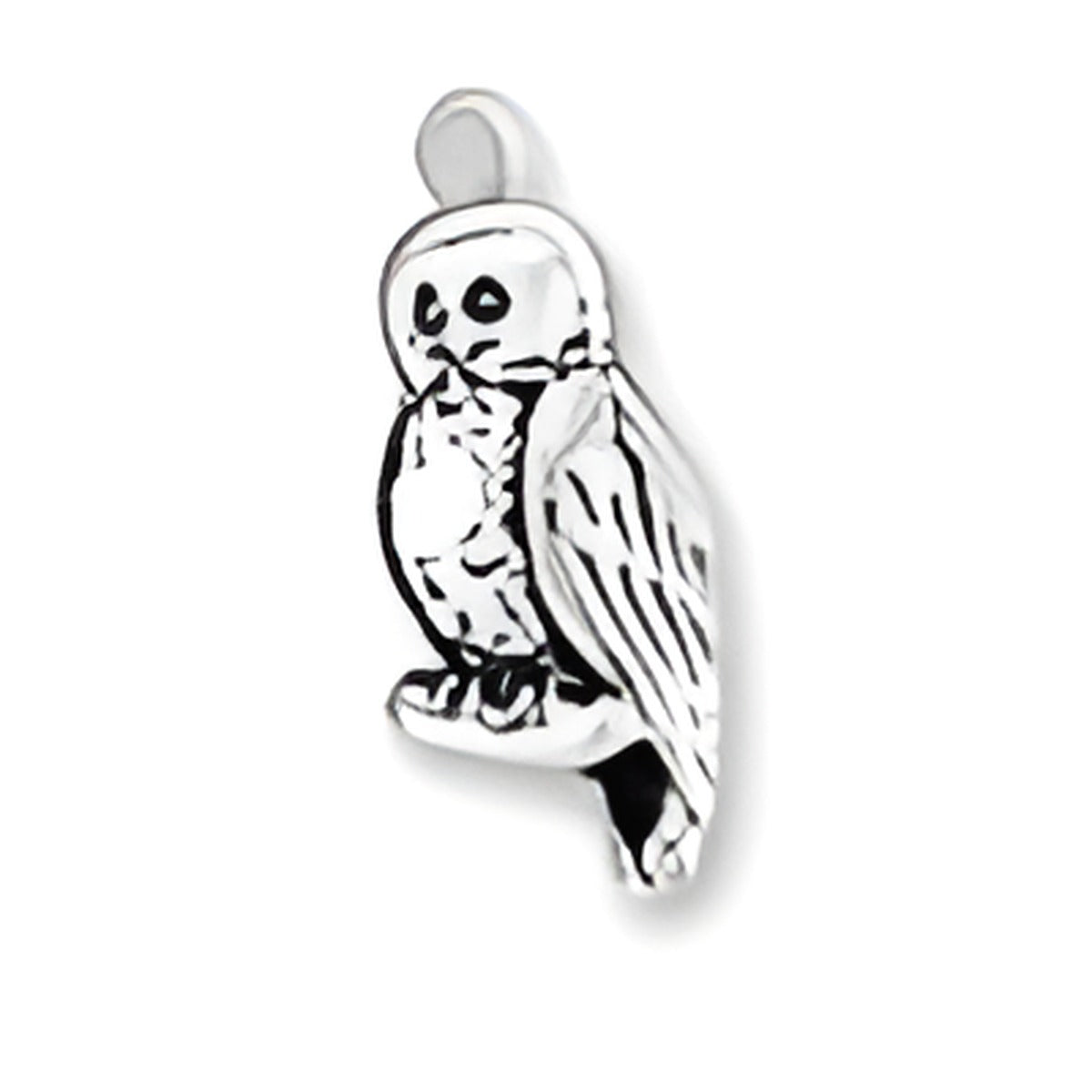 Spotted Owl Charm made of sterling silver, featuring detailed engraving of an owl in a perched position.