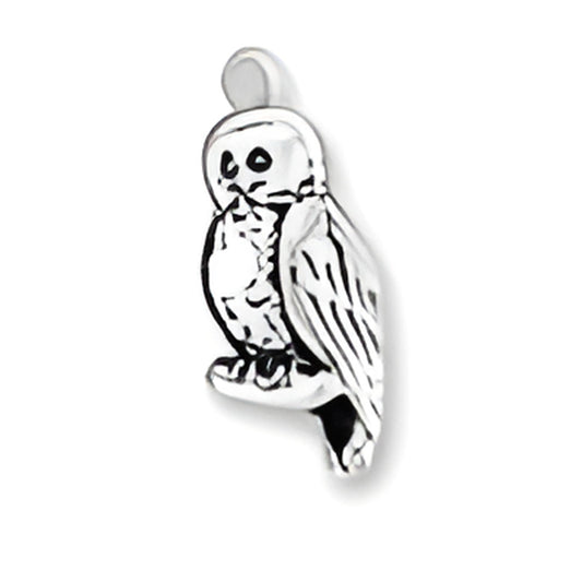 Spotted Owl Charm made of sterling silver, featuring detailed engraving of an owl in a perched position. Alt view.