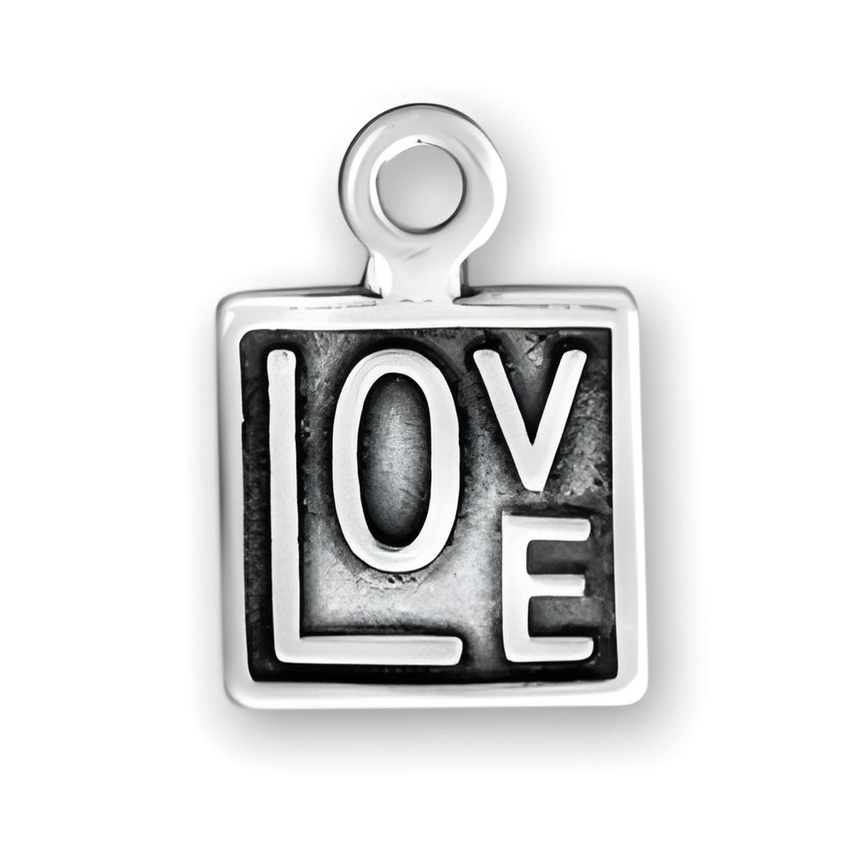 Charm Factory Square LOVE Charm made of silver, featuring bold letters spelling 'LOVE' on a square background.