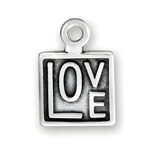 Charm Factory Square LOVE Charm made of silver, featuring bold letters spelling 'LOVE' on a square background.